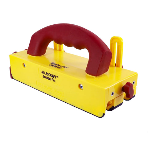 Yellow push block tool with red handle for table saws and routers, included with Wood Organizer And Lumber Storage Metal Rack