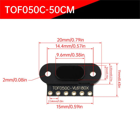 Time Of Flight Distance Sensor Module For VL6180 And VL53L1X IIC Output with dimensions and pins visible