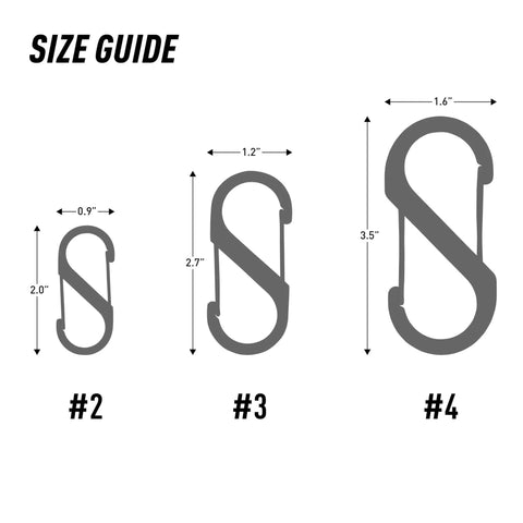 Size guide showing Size 3 S Biner Dual Carabiner Aluminum with Dual Gates and Two Clip Points next to sizes #2 and #4.