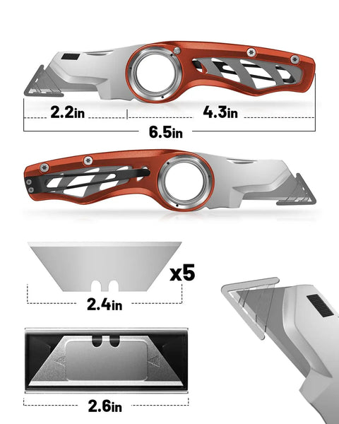Badass Folding Utility Knife With Secure Finger Loop And Quick Swap Razor Blades For Heavy Duty Box Cutting On The Job Or Around The Workshop And Basement, detailed view of dimensions and razor blades.