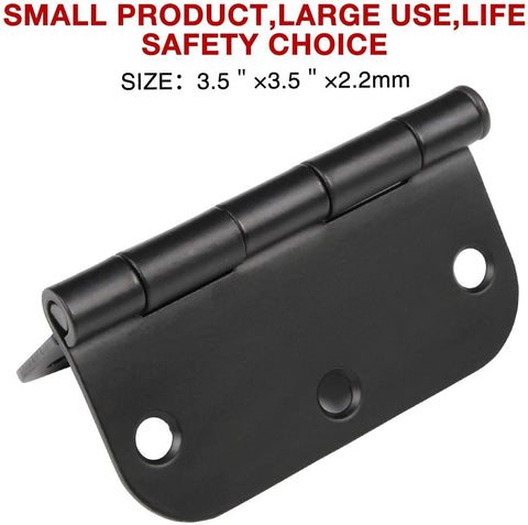 30 Pack Matte Black Interior Door Hinges 3.5 Inch by 3.5 Inch Round Radius Five Eighth Inch Hinge Heavy Duty Removable Pin for Doors Bedroom Office Farm Shed Gate Greenhouse Vent Window Includes 180 Screws in close-up view.