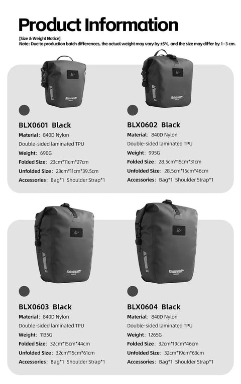Waterproof Bike Pannier Bag 25L With Quick Release TPU Coating And Reflective Design Shoulder Strap Included Built For Commuting Touring And Bikepacking Also Available In 6L 12L 20L For Flexible Loadout Ride Ready Everyday shown in black nylon with product dimensions and features.