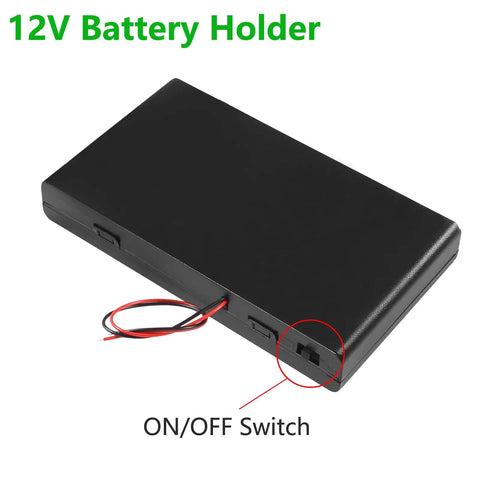 Kickass Hella Heavy Duty Eight Cell AA Battery Holder Box With Slick Toggle Switch And Reinforced Lead Wires For Rugged 12V Power Conversion And DIY Builds, black battery holder with ON/OFF switch.
