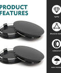 Street Ready Wheel Center Caps 4 Pack Rust Proof Hub Covers shown from top with details on rigidity and waterproof features.