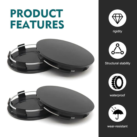 Street Ready Wheel Center Caps 4 Pack Rust Proof Hub Covers shown from top with details on rigidity and waterproof features.