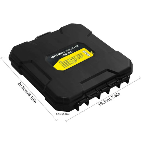 Angled front view of black plastic storage case for 99-piece cobalt drill bit set (1/16–3/8 in)