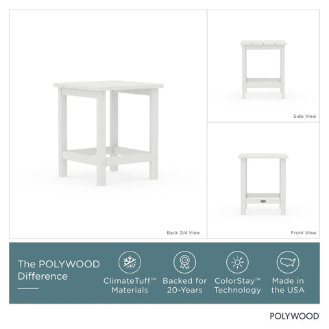 Long Island 18 Inch Outdoor Side Table White Weatherproof HDPE Poly Lumber Built To Last With No Fuss Maintenance Stain And Fade Resistant Design Perfect For Patio Deck Porch Or Poolside side and front views