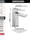 Modern Single Hole Chrome Bathroom Faucet With Single Handle 0.5 GPM Low Flow Push Pop Up Drain Ceramic Disc Valve dimensions diagram