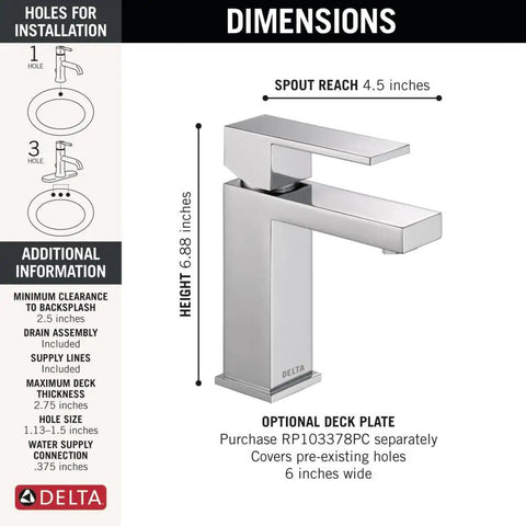 Modern Single Hole Chrome Bathroom Faucet With Single Handle 0.5 GPM Low Flow Push Pop Up Drain Ceramic Disc Valve dimensions diagram