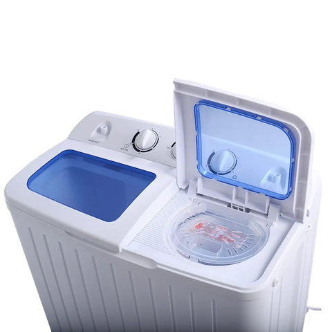 Portable Twin Tub Washing Machine 20 Lbs Compact Washer Spinner Combo showing blue lid and control panel design.