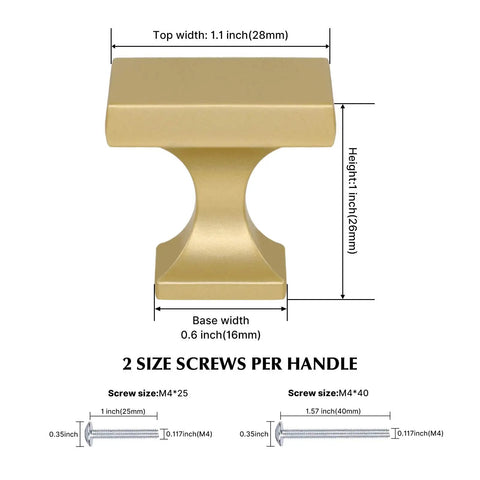 Dimensions of Gold Cabinet Knobs, Brushed Brass Square Dresser Hardware with two screw sizes, 10 Pack Zinc Alloy Drawer Knobs