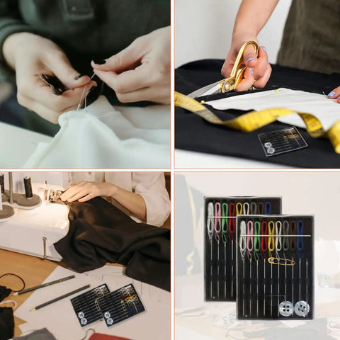 Two Pack Pre Threaded Needle Kit Set For Travel And Home Repairs, Grab And Go Portable Sewing Box With 2 Boxes, Each Box Includes 10 Threads, 10 Needles, 1 Pin, 2 Buttons, Pre Threaded And Ready To Go shown in use and packaging