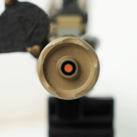 Front view of firearm barrel with 22 Cal Bore Alignment Rod Carbon Fiber With Protective Case And Clear Storage Tube installed
