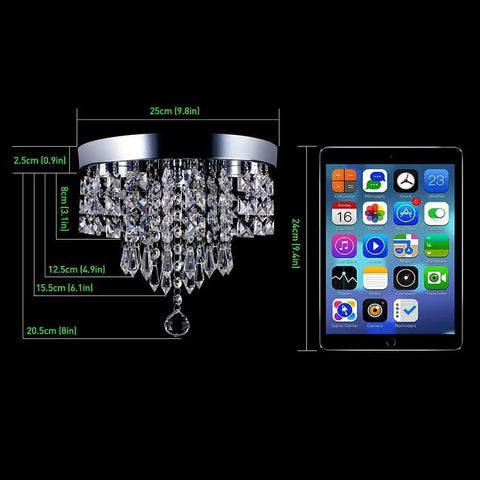 Dope Crystal Chandelier LED Ceiling Light Flush Mount In Stainless Steel With Beaded Shade next to tablet for size comparison
