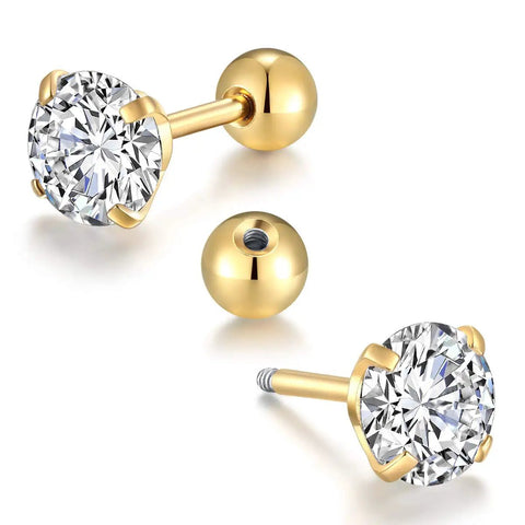 Hypoallergenic 18G Ball Back CZ Stud Earrings Set For Women And Men, 14K Gold Tone Stainless Steel Screw Back And Flat Back Varieties, Includes 6 Pairs Of Cubic Zirconia Cartilage Earrings For Everyday Wear. 14K gold tone CZ ball back stud earring with screw back