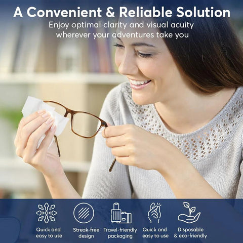 Front view of a woman cleaning brown eyeglasses with MTBHY Lens Cleaning Wipes, 50-count, individually wrapped