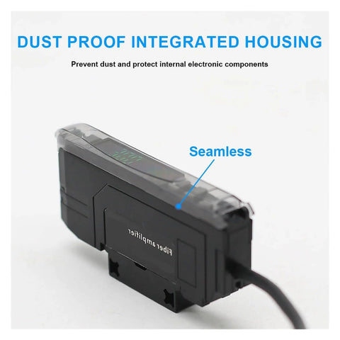 Optical Fiber Amplifier Sensor Photoelectric Switch With NPN PNP Outputs in dust-proof housing, side view showing seamless design.