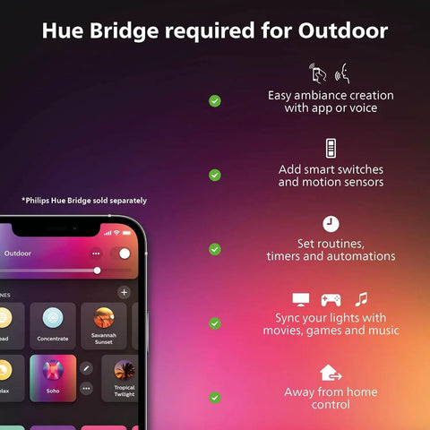 Hue Bridge app interface for Lily Outdoor Smart Spotlight Base Kit Three Pack With White And Color Ambiance LED Walkway Lights