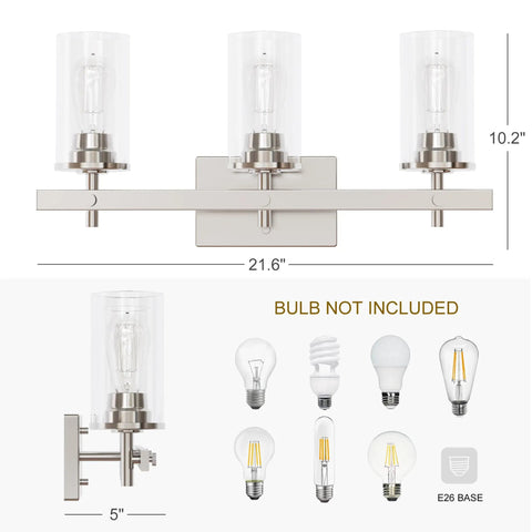 Modern Farmhouse Three Light Vanity Light With Clear Glass Shades In Brushed Nickel For Bathroom Hallway Entryway Kitchen Mirror And Laundry Room Must Have For Any Modern Bathroom Or Powder Room And Hallway Decor