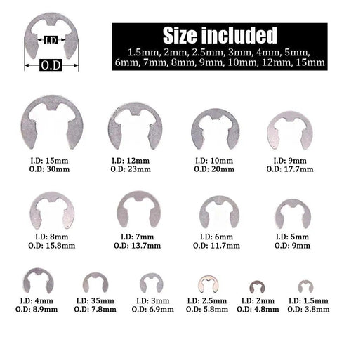 380 Piece E Clip Circlip External Retaining Ring Set In 14 Sizes 304 Stainless Steel Pro Grade Rust Resistant External Retaining Ring Kit For Machinery Automotive DIY Projects showing different sizes and dimensions of each clip.