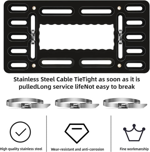 No Drill Front License Plate Bracket Kit with stainless cap screws and cable ties, featuring rust-resistant ABS design