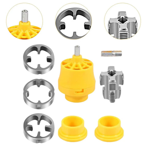 Durable Pvc Pipe Threader Kit With Electric Drill Compatible Die Set For Fast 1-2-3-4 Inch Plumbering Threads Smooth Cutting Action For Home Projects And Quick Repairs High Performance Tool components, includes cutter plates and tap handle.