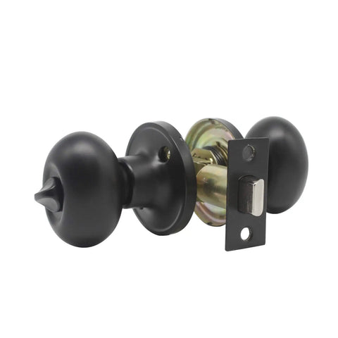 Slick Egg Style Privacy Knobs Keyless Interior Door Handles Matte Black Stainless Steel Finish adjustable latch view of knob and latch mechanism.