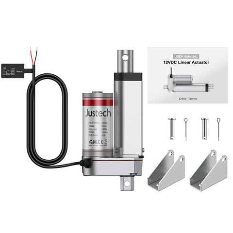 Heavy Duty 12V DC Electric Linear Actuator Cranks Out 225 Lbs Of Smooth Push Power With A Precise Two Inch Stroke, showing parts and manual.