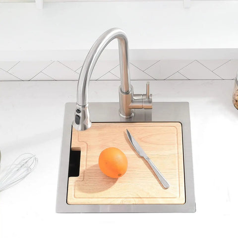 Drop-In Bar Sink Workstation With Deep 10 Inch Single Bowl, 16 Gauge Stainless Steel, Handmade Kitchen Sink with cutting board