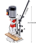 Rock Solid Cast Iron Benchtop Mortiser With Slick 3400 Rpm Motor And Three Quarter Horsepower, showing dimensions and features.