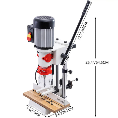 Rock Solid Cast Iron Benchtop Mortiser With Slick 3400 Rpm Motor And Three Quarter Horsepower, showing dimensions and features.