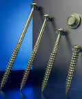 Yellow Hex Exterior Lag Screws Number 12 By 4 Inch, 26 Piece Bag, showing various sizes against a blue background.