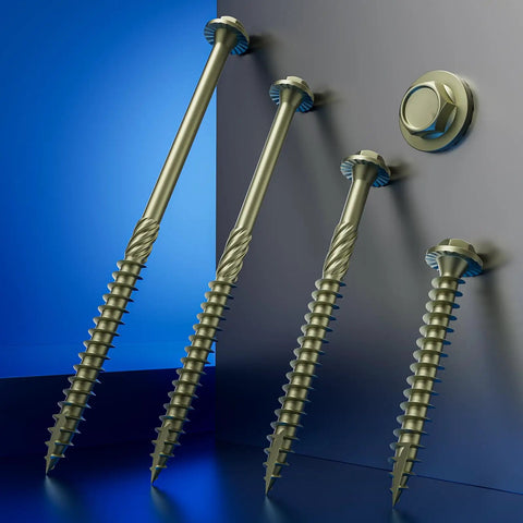 Yellow Hex Exterior Lag Screws Number 12 By 4 Inch, 26 Piece Bag, showing various sizes against a blue background.
