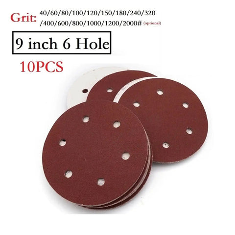 Heavy Duty 9 Inch Sandpaper With 6 Holes Premium Hook and Loop Discs For Electric Polisher Dust Extraction for smooth finish.