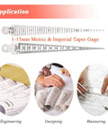Two-piece stainless steel Mesee taper gauge set with metric and imperial scales for tapering measurements