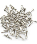 Close-up of pile of 96 nails included in Miniature Brass Hinges Set For Jewelry Boxes And Cabinets 24 Pieces 10 By 8 Millimeter 180 Degree Rotation Silver Finish Includes 96 Mounting Nails Durable Rust Resistant Hardware For DIY Projects Easy To Install