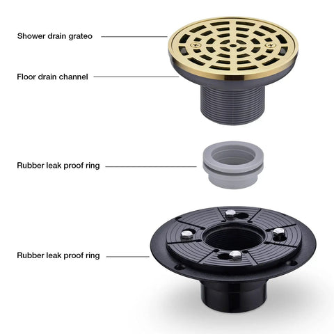 4-1/4 Inch Shower Drain in Brushed Gold Stainless Steel With Removable Quadrato Grate Includes Drain Flange Kit High Flow