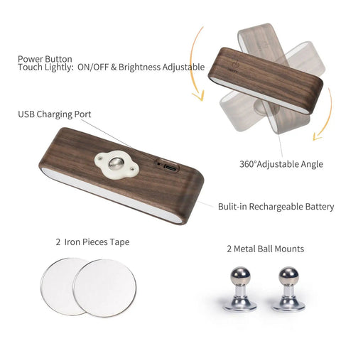Cordless LED Wall Sconces With 360 Degree Rotating Magnetic Reading Light Real Wood Grain Night Lights components shown.