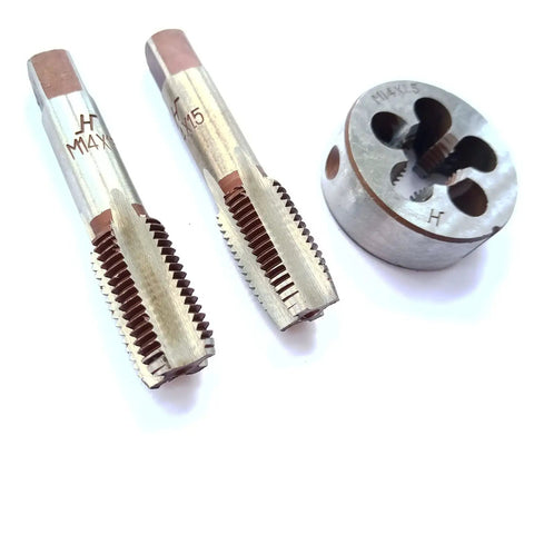 Rugged Right Hand M14 x 1.5 Metric Hand Tap And Die Set With 1 Taper Tap 1 Plug Tap And 1 Round Die for thread repair, shown close-up
