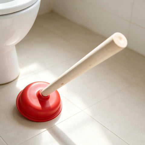 Rock Solid Heavy Duty Rubber Cup Toilet Plunger With Reinforced Wooden Handle resting on tile floor, ready to clear clogs.