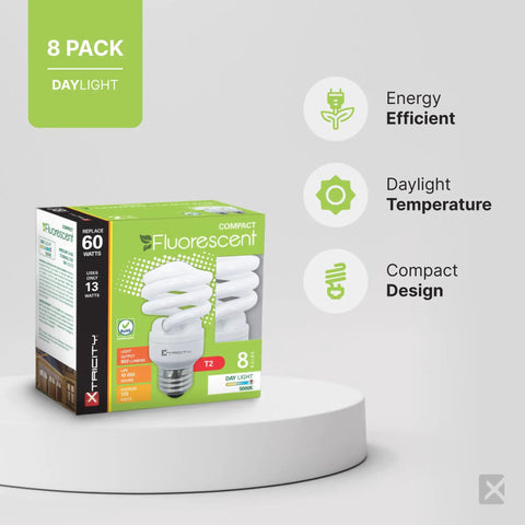 Eight Pack T2 Spiral CFL Light Bulbs With E26 Base 13W (60W Equivalent) 900 Lumens 5000K Daylight Instant On Flicker Free 120V UL Listed