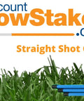 Golf ball on tee with grass and blue Straight Shot Golf Alignment Sticks, logo of discountSnowStakes.com visible.