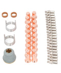 Heavy Duty Plasma Cutting Torch Electrode Tip Kit with copper tips, guide rings, and stainless steel components for quick replacements.