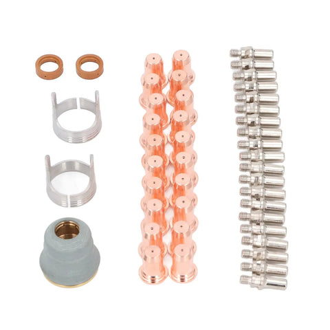 Heavy Duty Plasma Cutting Torch Electrode Tip Kit with copper tips, guide rings, and stainless steel components for quick replacements.