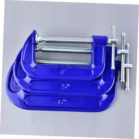 Beefy Heavy Duty 4 Inch Woodworking G Clamp C Clamp With Tabletop Mounting, blue color, stacked set, front view