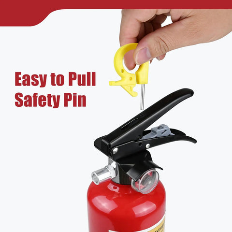 Close-up of a hand pulling safety pin of Versatile 2.2 Lb Dry Powder Fire Extinguisher With 1A 10B C Rating for home use.