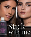 Two models showcasing LashTite Dark Lash Adhesive for Individual Lashes 0.75 oz bottle with strong hold and seamless blend.