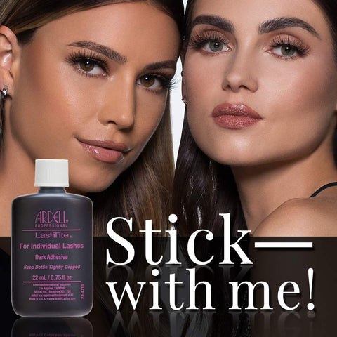 Two models showcasing LashTite Dark Lash Adhesive for Individual Lashes 0.75 oz bottle with strong hold and seamless blend.