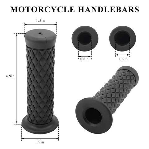 2 Pack Non Slip Motorcycle Hand Grips Open End Seven Eighths Inch Twenty One Millimeters Twenty Four Millimeters Fits Dirt Bike Scooter Motocross Vintage Soft Rubber Thruster Grips With Durable Soft Rubber For All Weather Riding, shown in black with diamond pattern grip.
