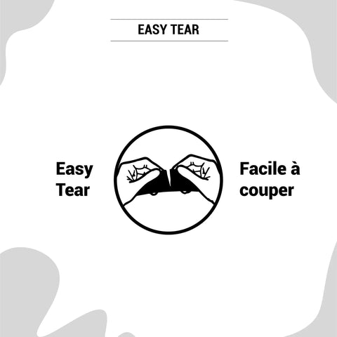 Illustration of easy tear feature for Red Epoxy Resin Construction Tape For Sheathing, 2.4 Inch By 180 Foot Roll, bilingual text